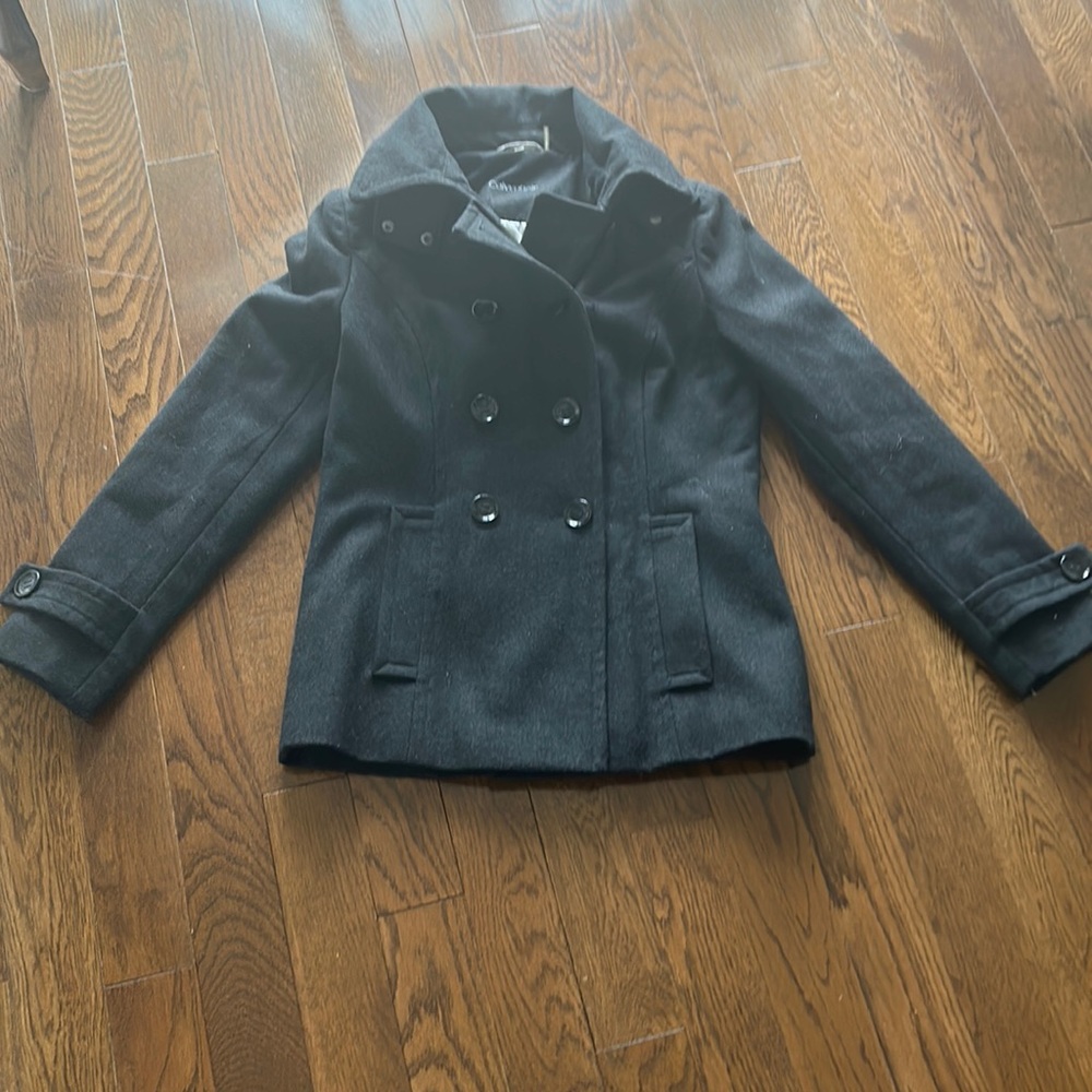 Calvin Klein Double Breasted Wool Blend Hooded Pea Coat-Gray-Size 2-Grea…